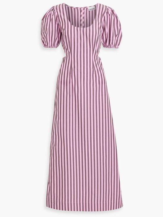 Ganni Dresses & Skirts - Ganni Pink and Brown Vertical-Stripe Puff-Sleeve Maxi Dress